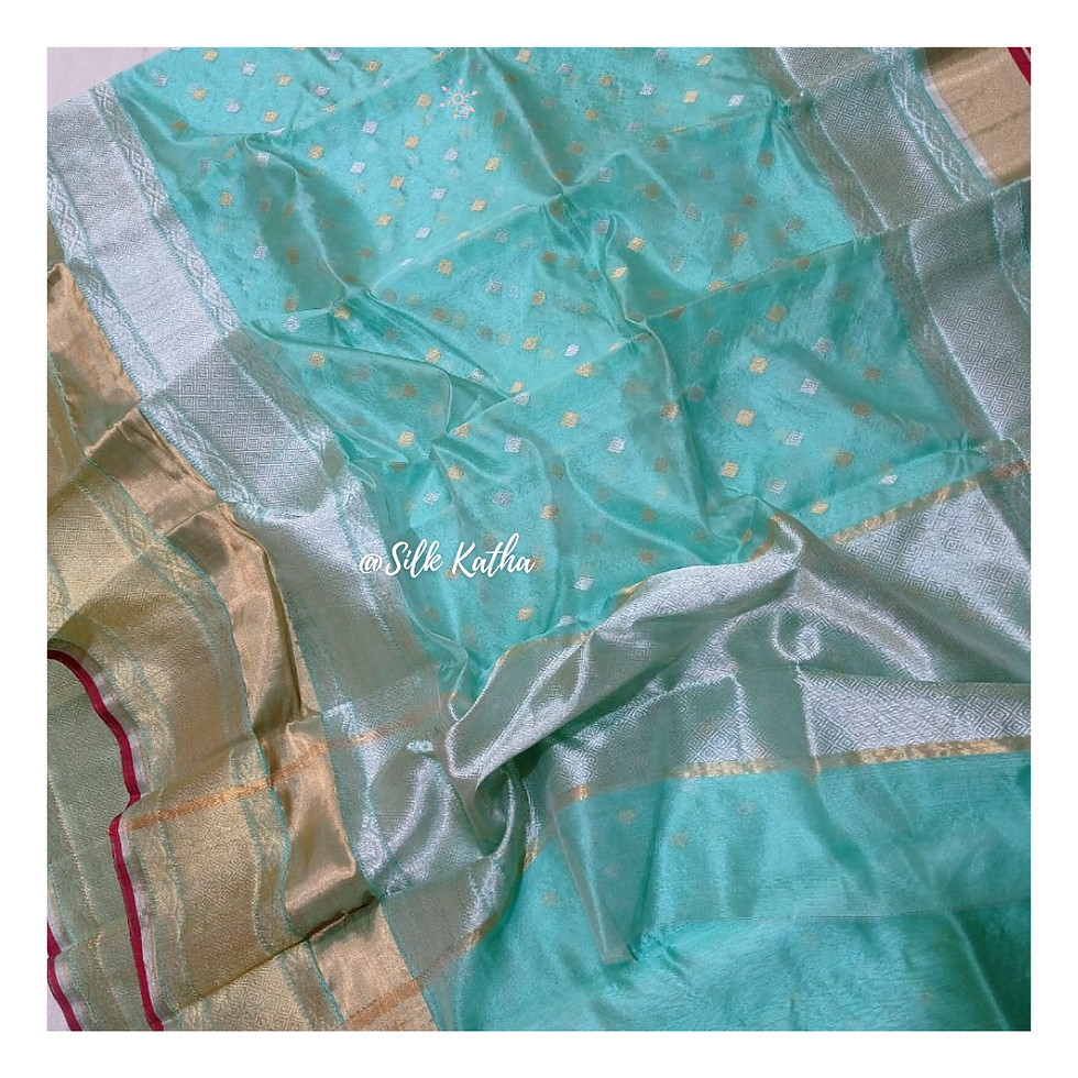 Thumbnail: Teal Chanderi Pattu Silk Saree Silver and Golden Zari booties all over