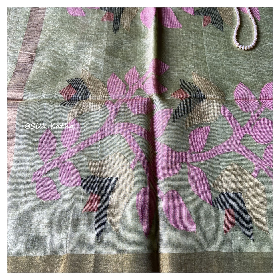 Thumbnail: Pista Green Pure Tussar Silk Jamdani Bengal Saree