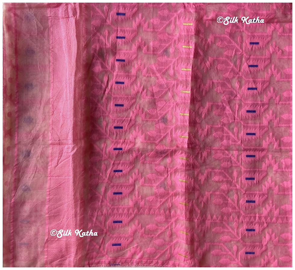 Thumbnail: White and Pink Jamdani Motif Handwoven Bengal Saree