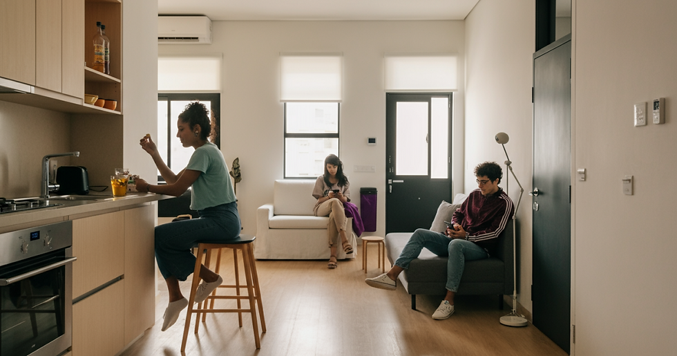 Três jovens da Geração Z em um apartamento moderno, dois deles usando celulares e uma na cozinha, ilustrando o estilo de vida contemporâneo e o conceito de coliving.