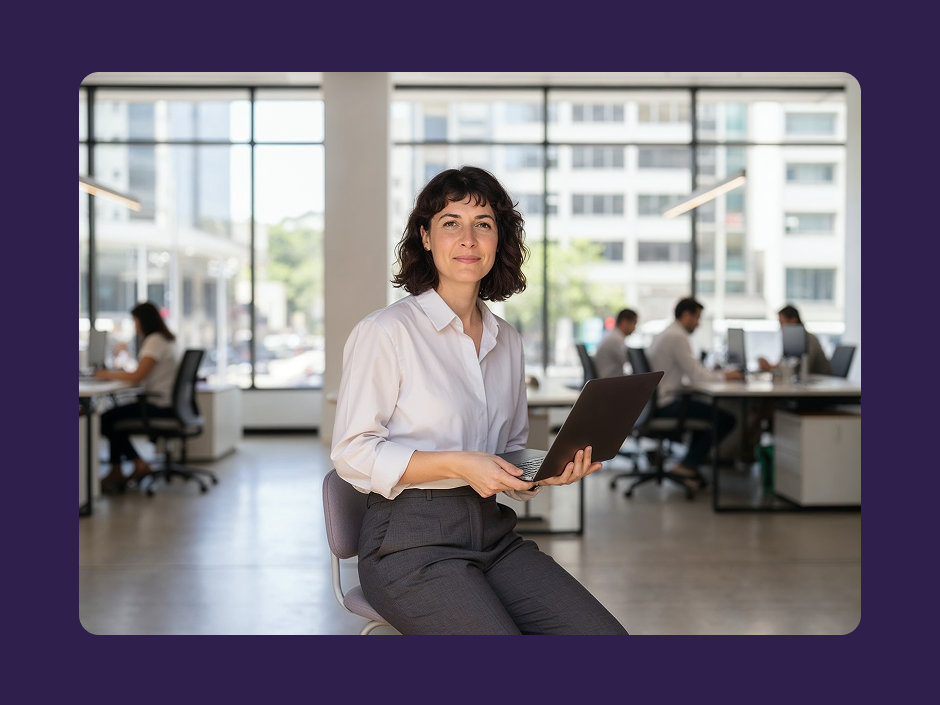 Profissional sentada em um escritório moderno e iluminado segurando um notebook, olhando confiante para a câmera, representando a gestão de operações em uma imobiliária.