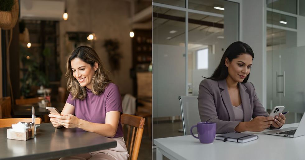 Montagem de duas imagens: na esquerda, vemos uma mulher sentada em um café, digitando no celular e sorrindo. Na direita, uma corretora de imóveis em sua estação de trabalho, também mexendo no celular.