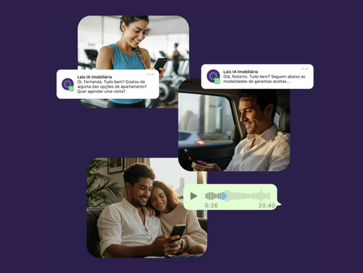 Colagem com fotos de pessoas interagindo com mensagens da assistente virtual imobiliária Lais. Mulher na academia lendo mensagens, homem sorrindo no carro usando celular, e casal em casa ouvindo mensagem de áudio.