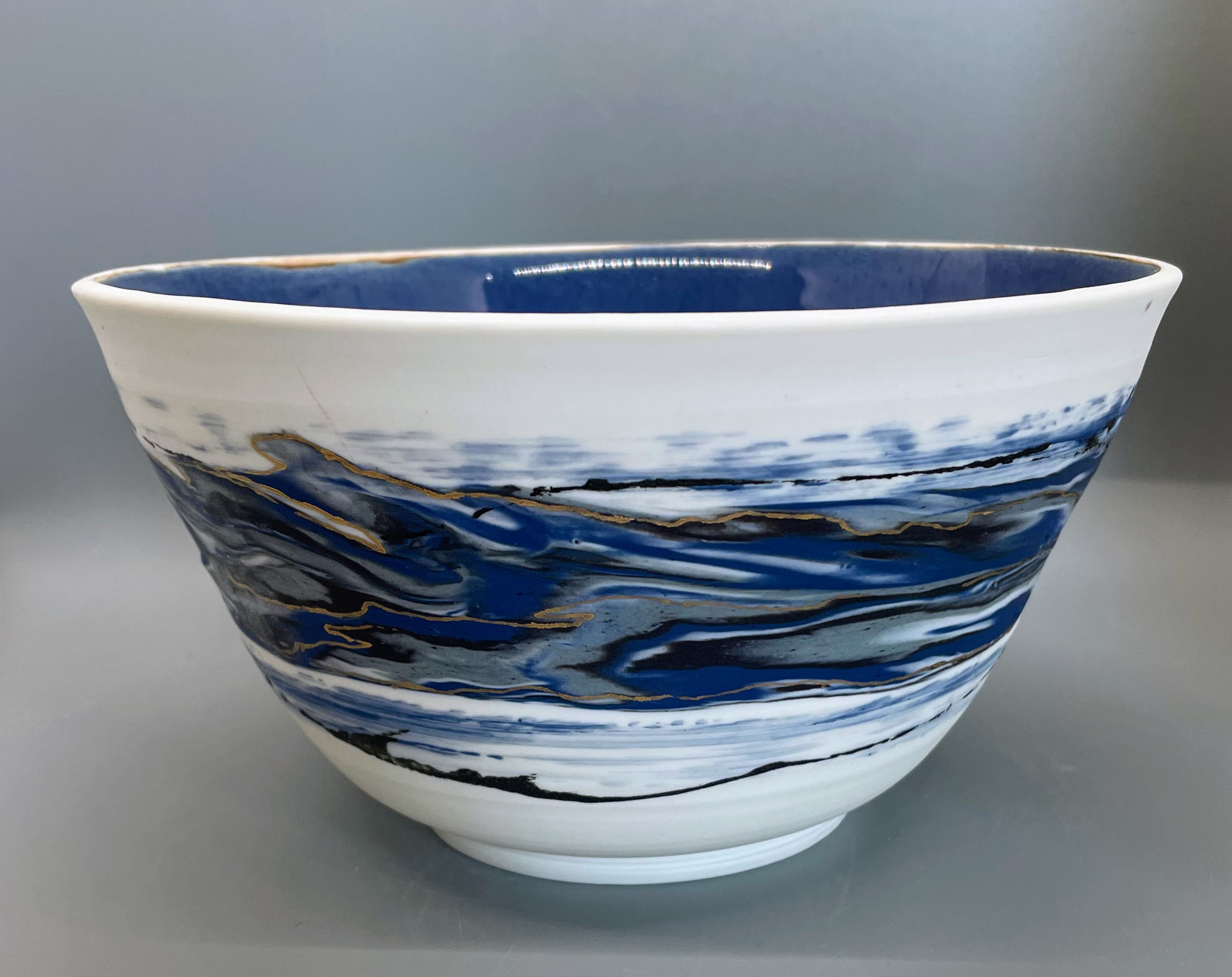 Large Bowl with Cobalt blue Nerikomi design.