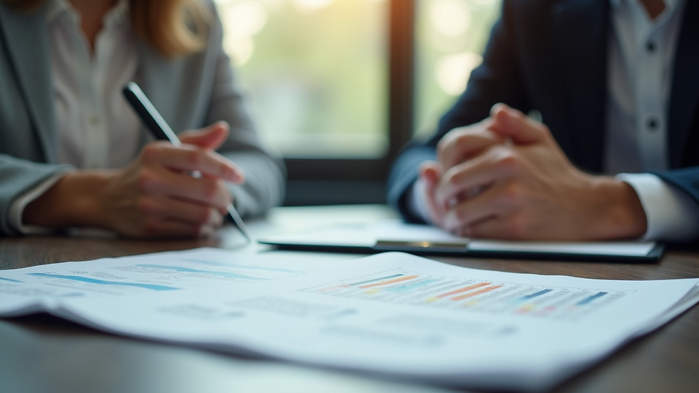 Eye-level view of a career counsellor and client discussing career options with documents on the table