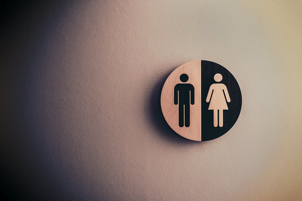 male and female bathroom label in wood