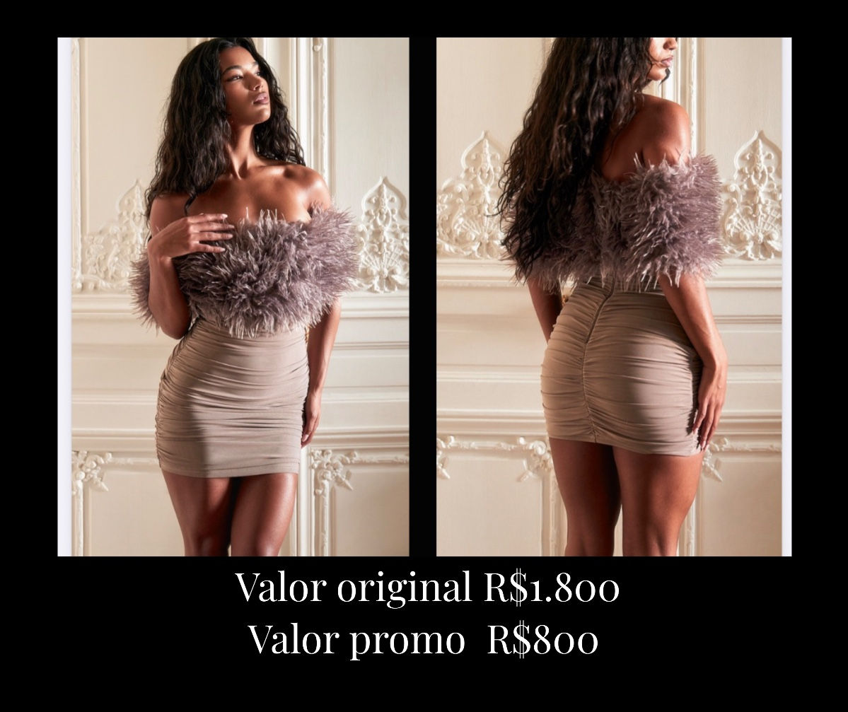 Vestido mocha detalhe busto plumas