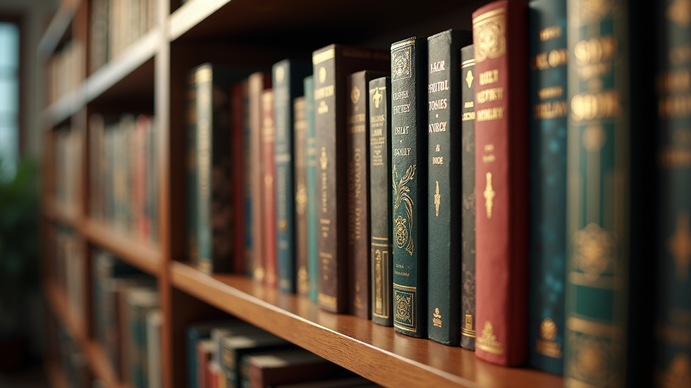 Eye-level view of a bookshelf filled with spiritual fantasy novels