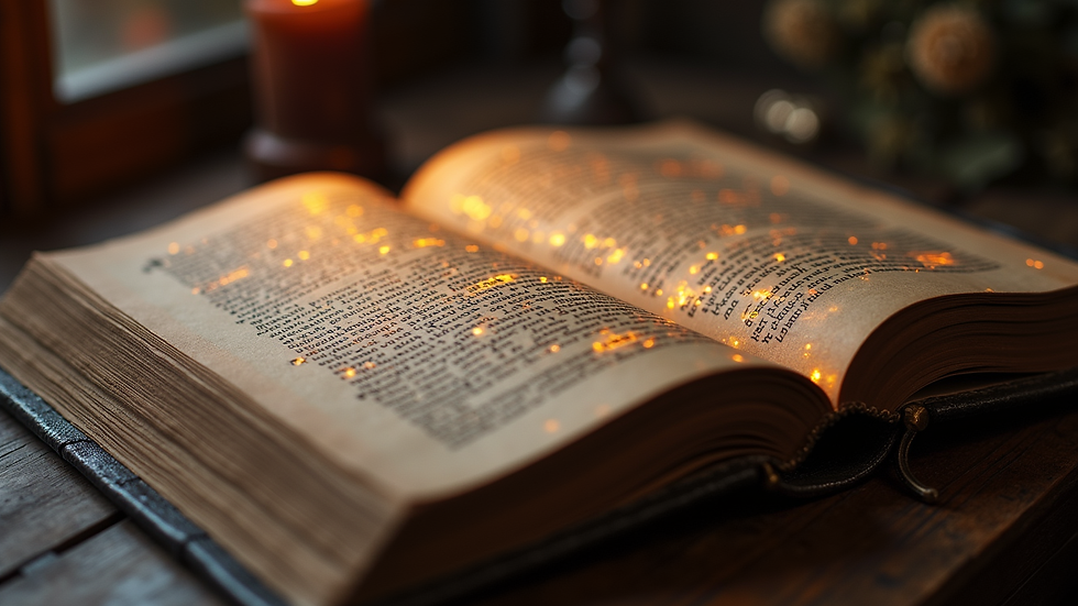 Close-up view of an ancient book with glowing runes on the pages