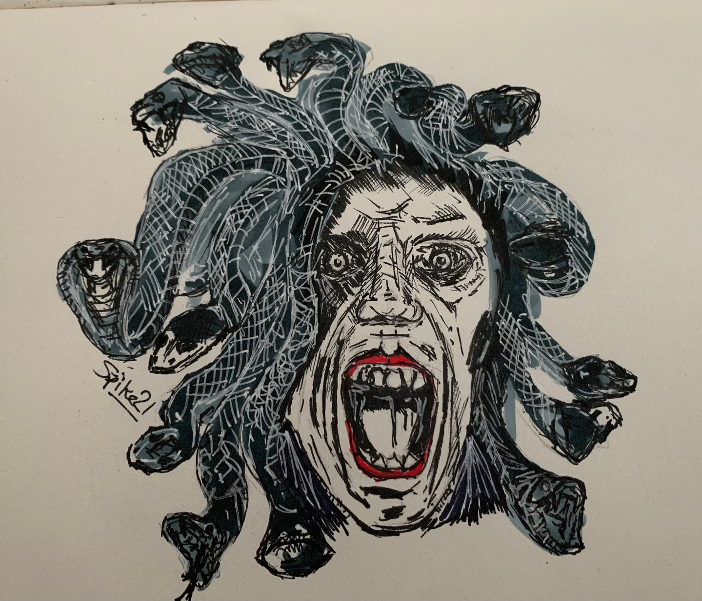 Screaming Medusa head illustration with tangled snakes for hair, bright red lips.