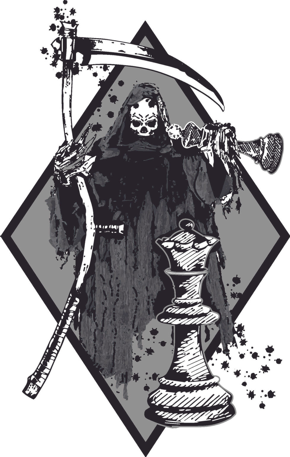 Grim Reaper with scythe, horn, key, and chess queen piece.
