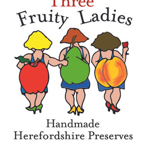Three Fruity Ladies logo with women holding fruit for Handmade Herefordshire Preserves.