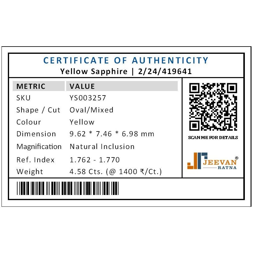 Thumbnail: Certificate to Authenticity of Yellow Sapphire Gemstone by Jeevan Ratna