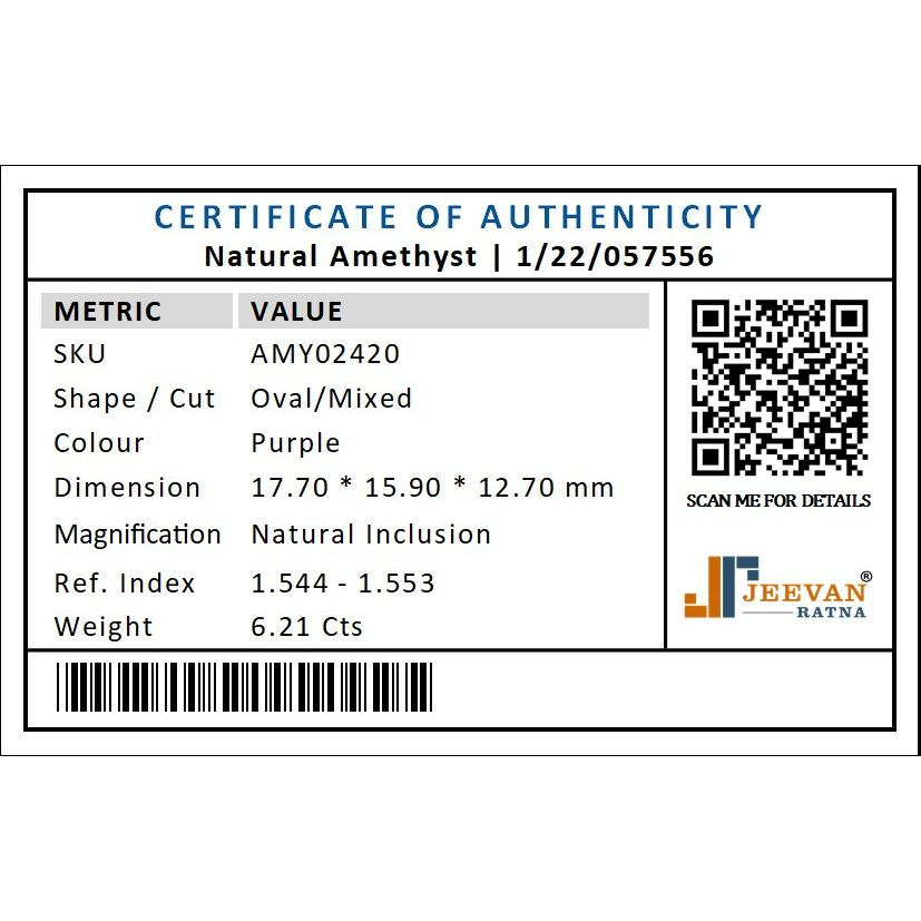 Thumbnail: Certificate to Authenticity of Amethyst Gemstone by Jeevan Ratna