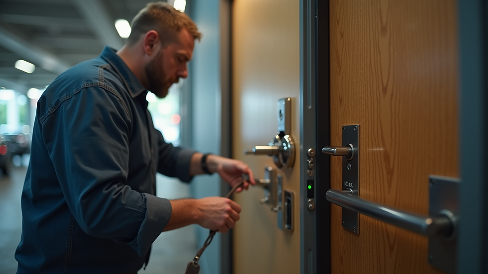Eye-level view of a locksmith installing a lock on a commercial door