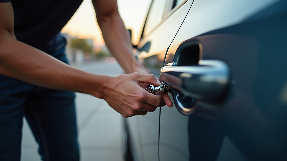 Eye-level view of a locksmith working on a car door lock outdoors