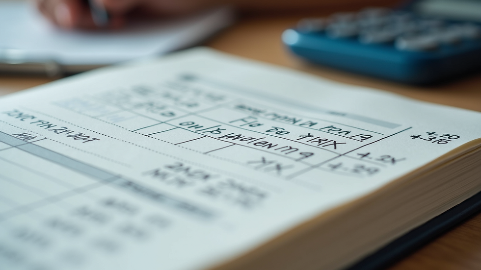 Close-up view of a financial ledger book with handwritten entries