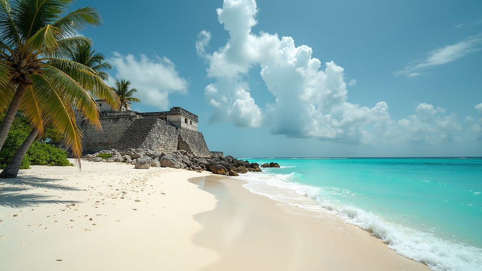 Wide angle view of tranquil Tulum beach with Mayan ruins in the background