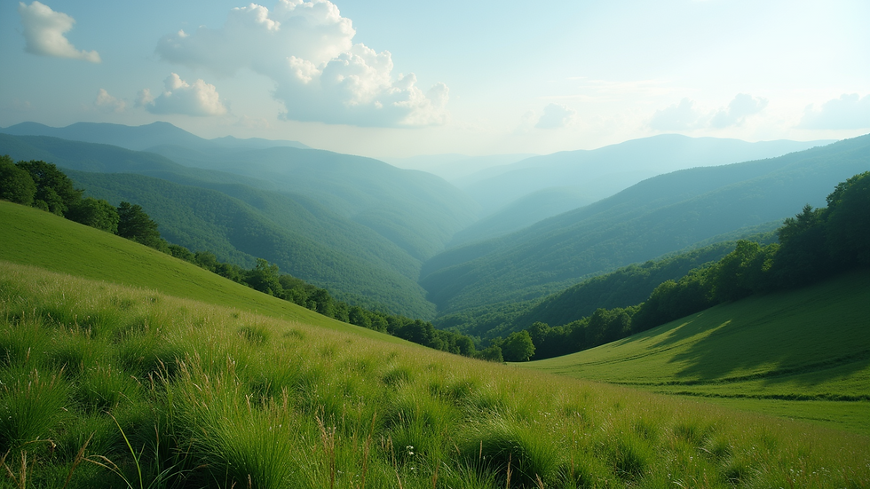 High angle view of the Blue Ridge Mountains with rolling green hills