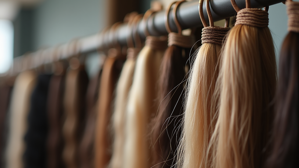 Close-up view of a variety of hair extensions displayed on a stand
