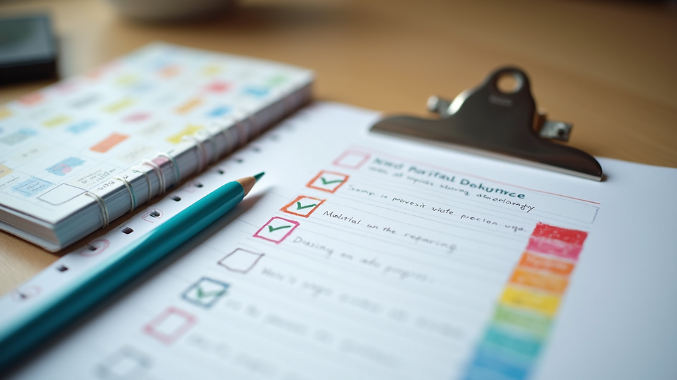 Close-up view of a colorful checklist and planner on a desk