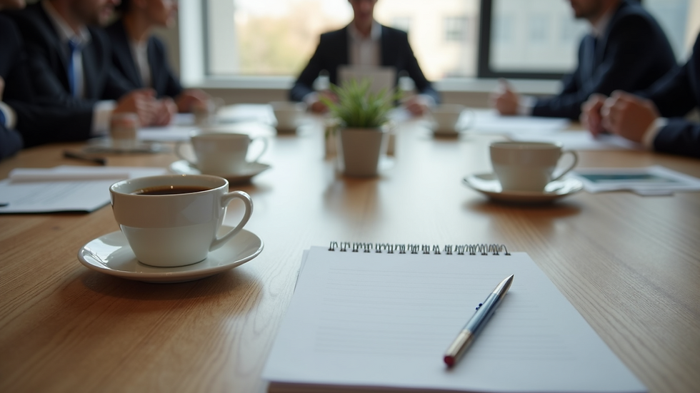 High angle view of a meeting table with notes and coffee cups