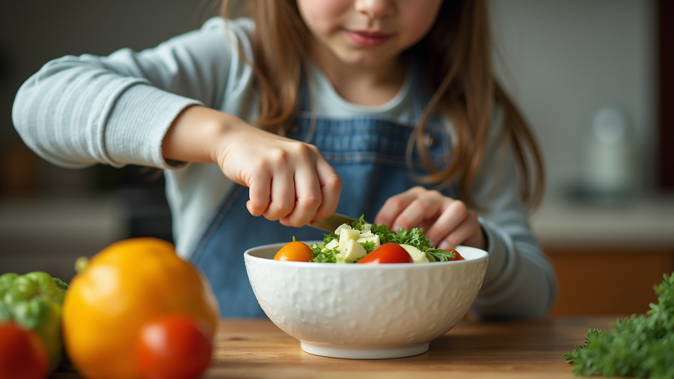 Close-up view of a child helping to prepare a salad bowl