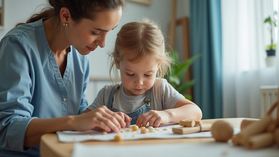 Eye-level view of occupational therapist assisting a child with fine motor skills