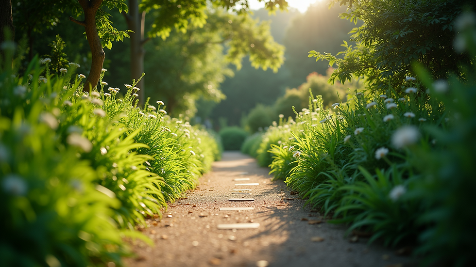 Eye-level view of a tranquil garden path surrounded by green foliage
