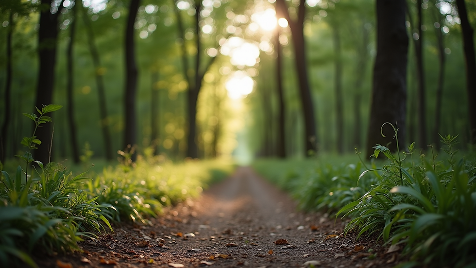 Eye-level view of a peaceful nature trail through a forest