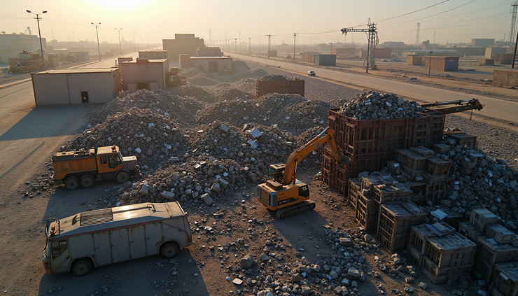 High angle view of scrap metal being loaded onto a truck for recycling in Sharjah