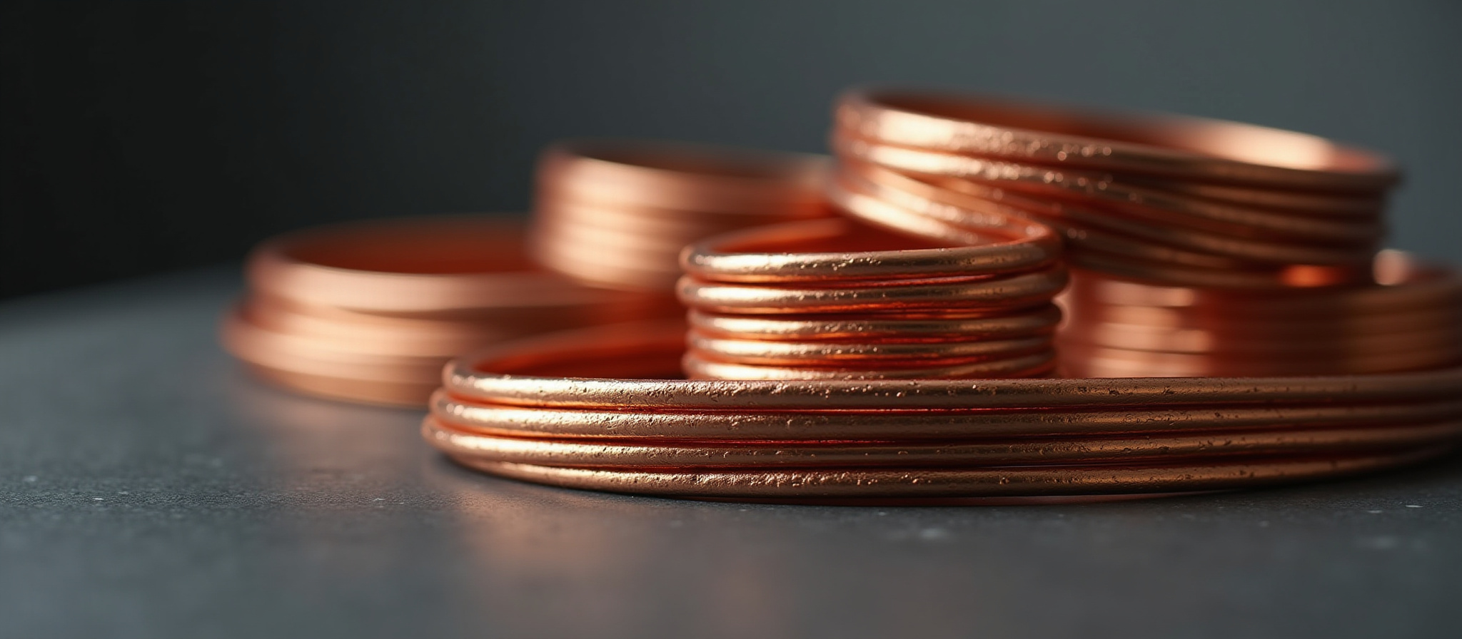 Copper rings stacked. Close-up of shiny, new metal parts.