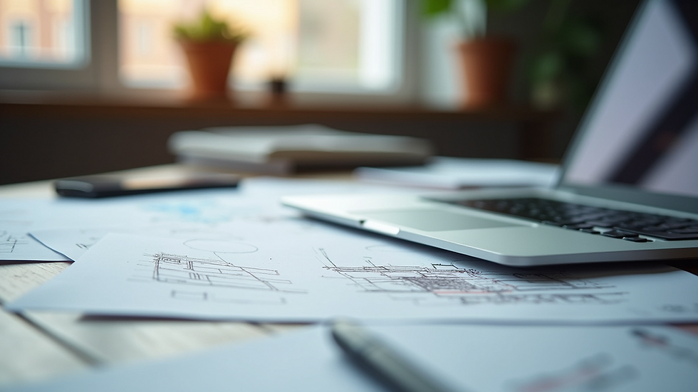 Close-up view of a modern workspace with a laptop and design sketches