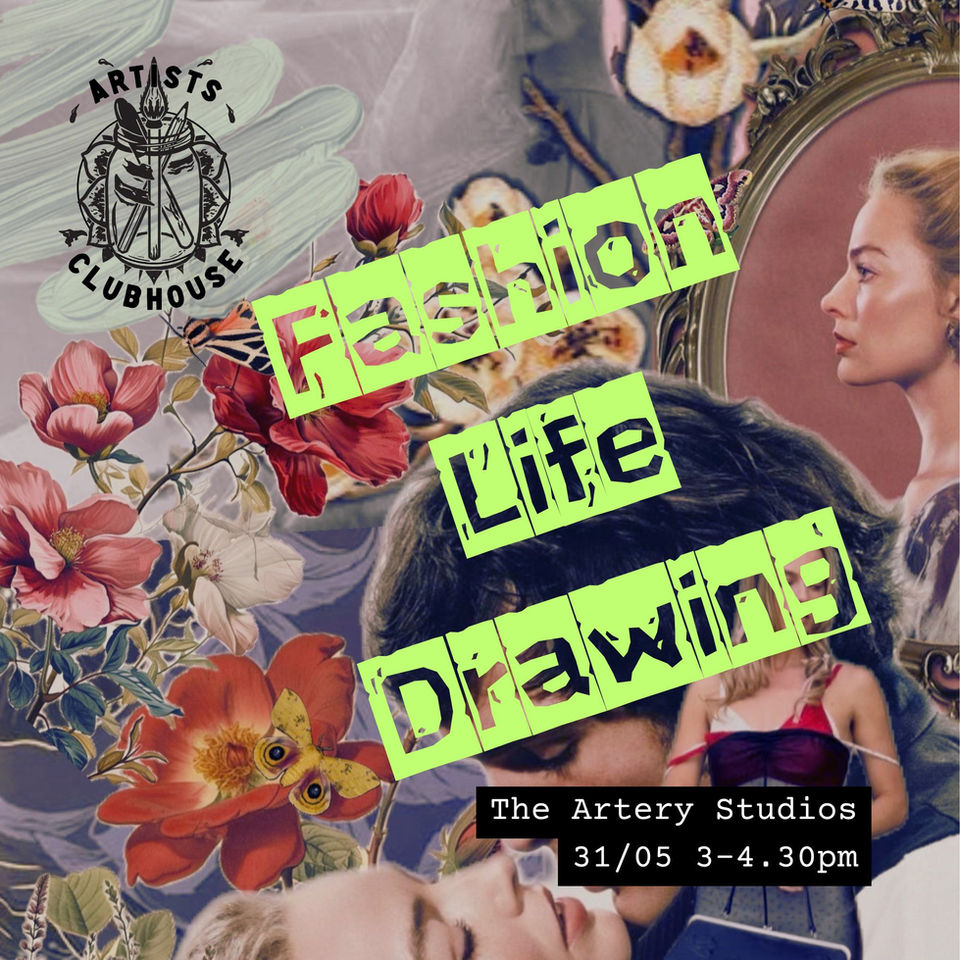 A collaged background of references to the 2026 movie Wuthering Heights, along side vintage florals. The title is a contrast in bold lettering in lime green.