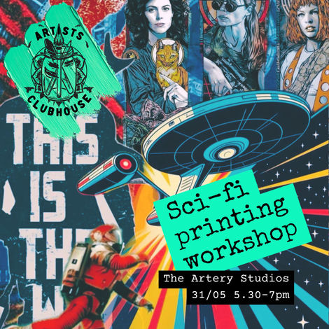 The background is a collage of imagery from science fiction movies such as Starwars, The Fifth Element and Star Trek, in a range of retro 70s colours; turquoise, red, yellow and blue. The title and logo are highlighted in a bright green.