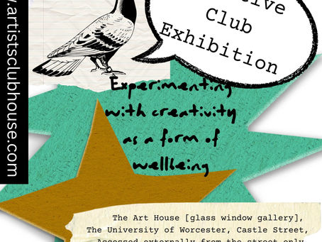 A printed pigeon with paper cut stars behind, a speech bubble says Creative Club Exhibition