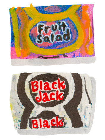 An image of artwork by artist Sarah Millin. A mixed media fruit salad and black jack sweet.