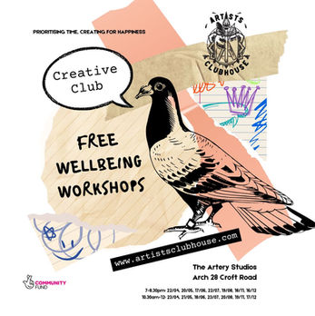 A printed pigeon sits on top of ripped paper with a speech bubble saying Creative Club