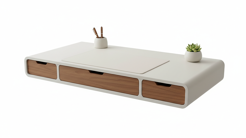 Close-up view of a compact office desk with built-in storage compartments