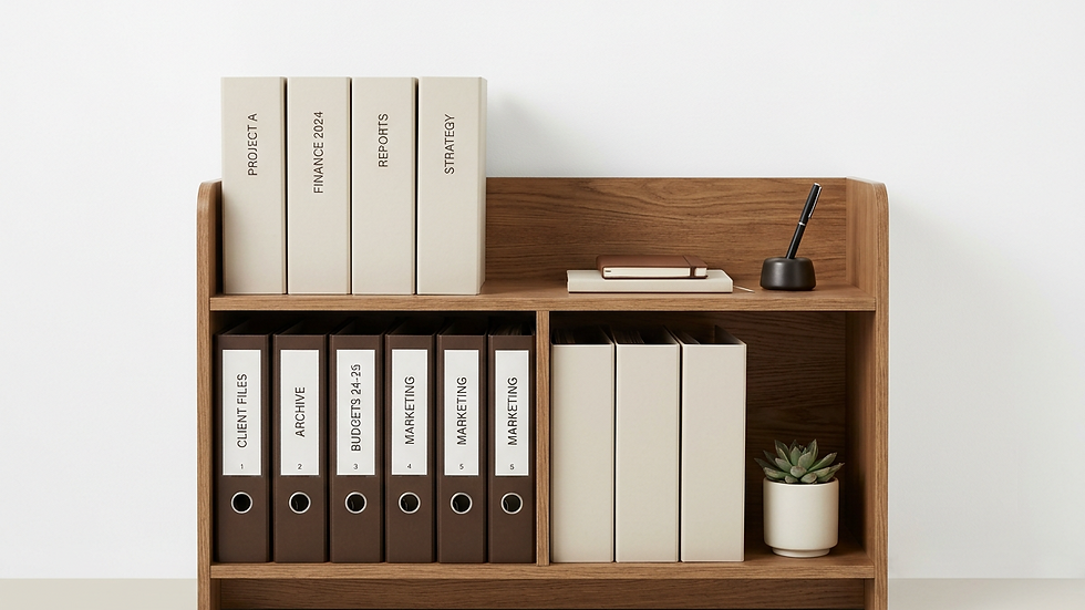 Close-up view of office storage unit with organized files