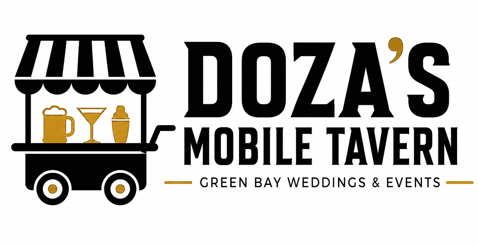 Doza's Mobile Tavern logo featuring a black and gold mobile bar for weddings and events in Green Bay WI.