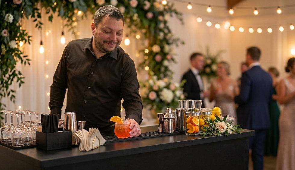 Professional bartender serving cocktails at a Green Bay wedding.