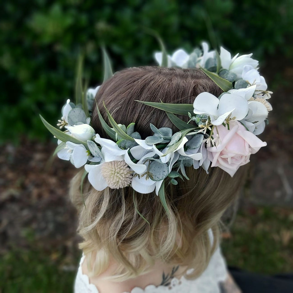 Eucalyptus Blush flower crown with blush roses, white accents and eucalyptus foliage.