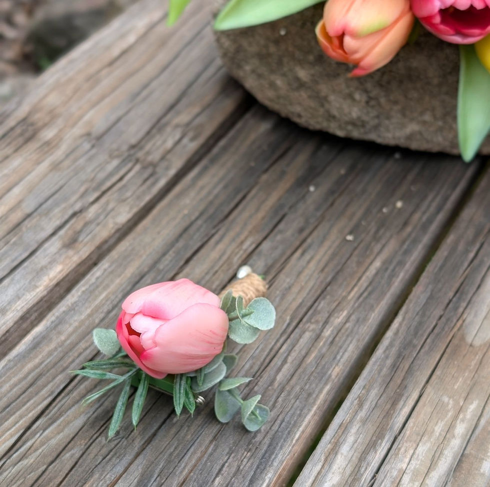 Thumbnail: Pink tulip buttonhole with grey green mini gum