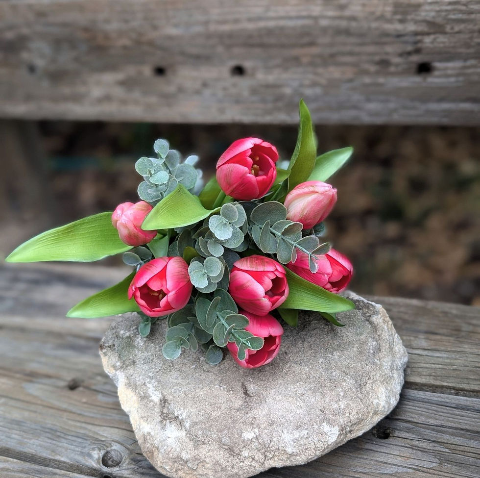 Thumbnail: Dark pink tulip flower girl posy with grey green mini gum