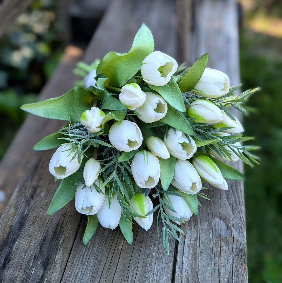 White tulip bridal bouquet with soft green acacia – Simply Tulips Collection