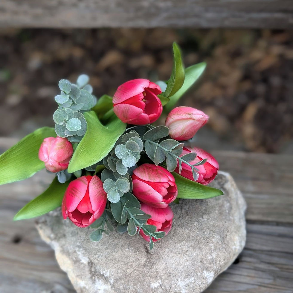 Dark pink tulip flower girl posy with grey green mini gum