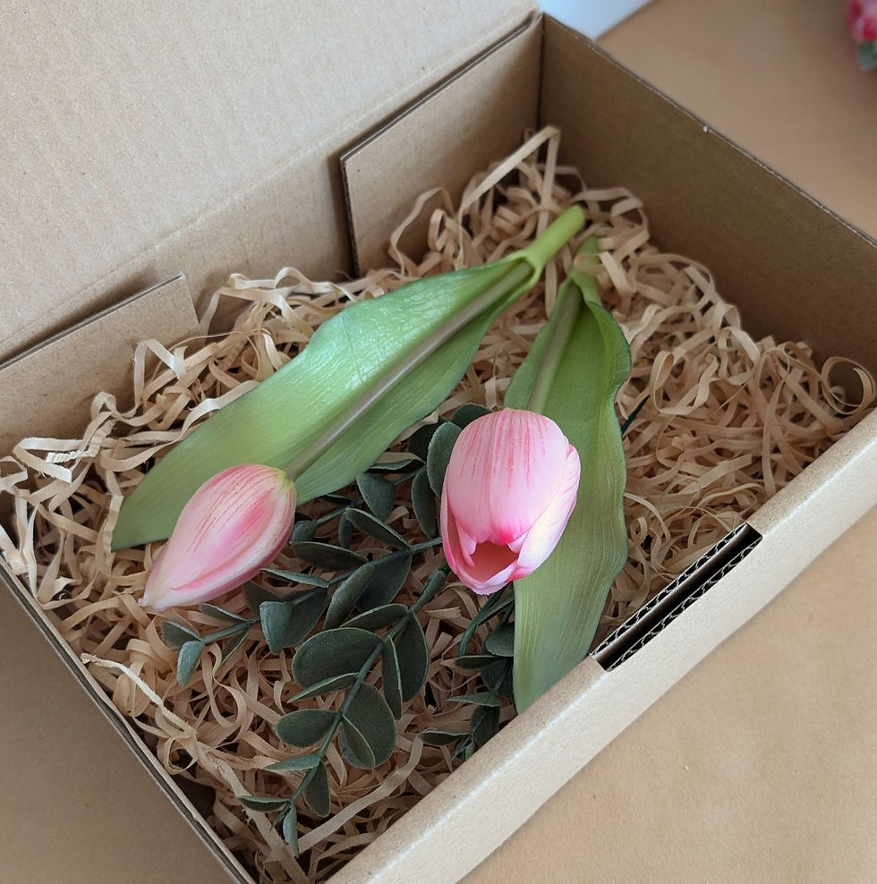 Pink tulip sample box with grey green mini gum