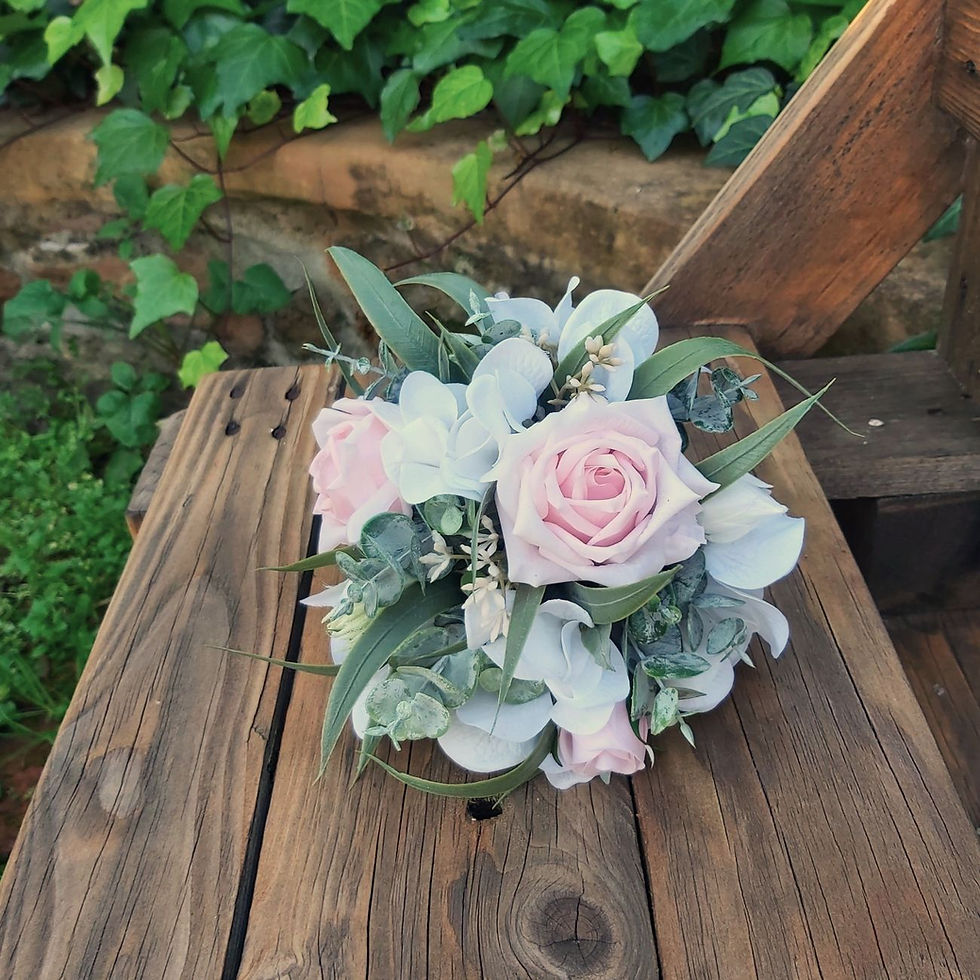 Thumbnail: Eucalyptus Blush flower girl posy with blush roses, hydrangea and eucalyptus greenery.