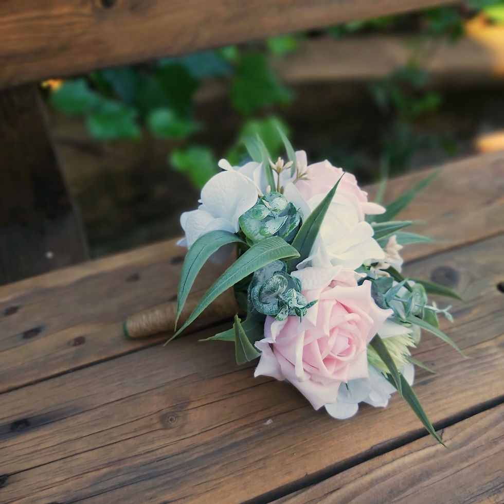 Eucalyptus Blush flower girl posy with blush roses, hydrangea and eucalyptus greenery.